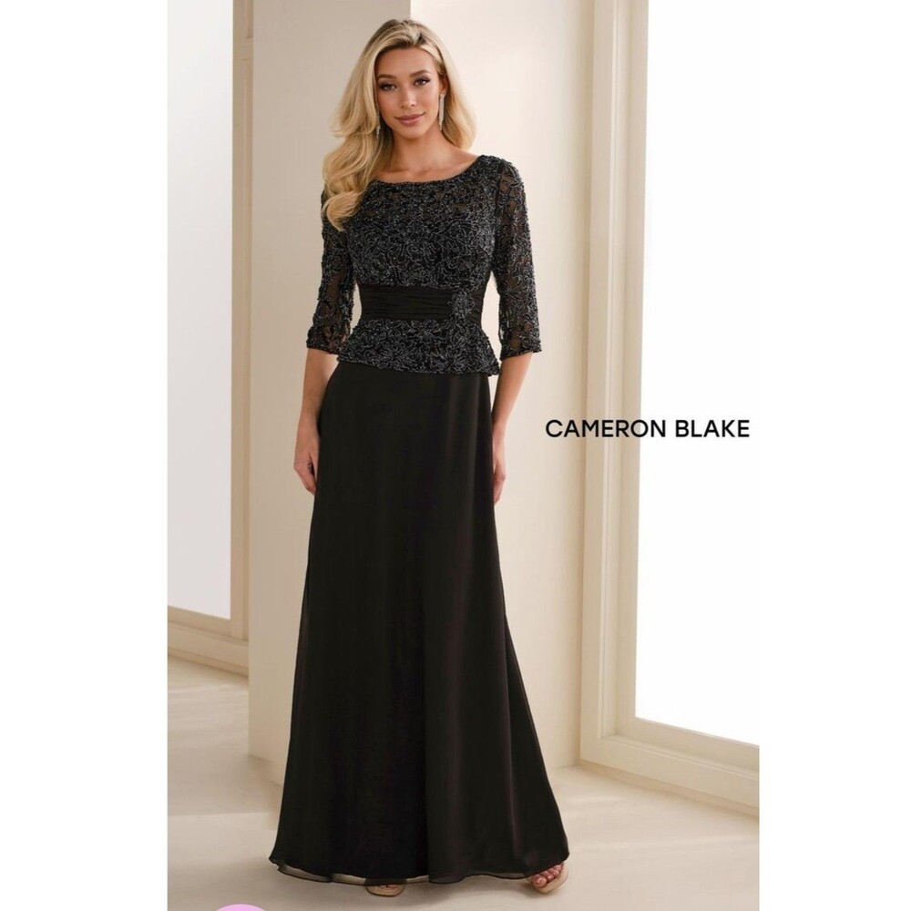 Cameron Blake 14 Black Beaded Peplum Mother of the Bride Formal Gown Dress
